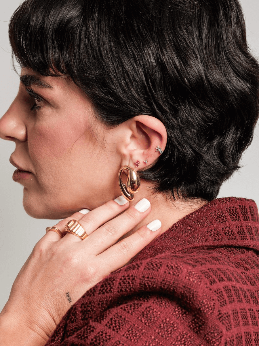 14 Ayar Altın Üç Taşlı Üçgen Tragus Piercing