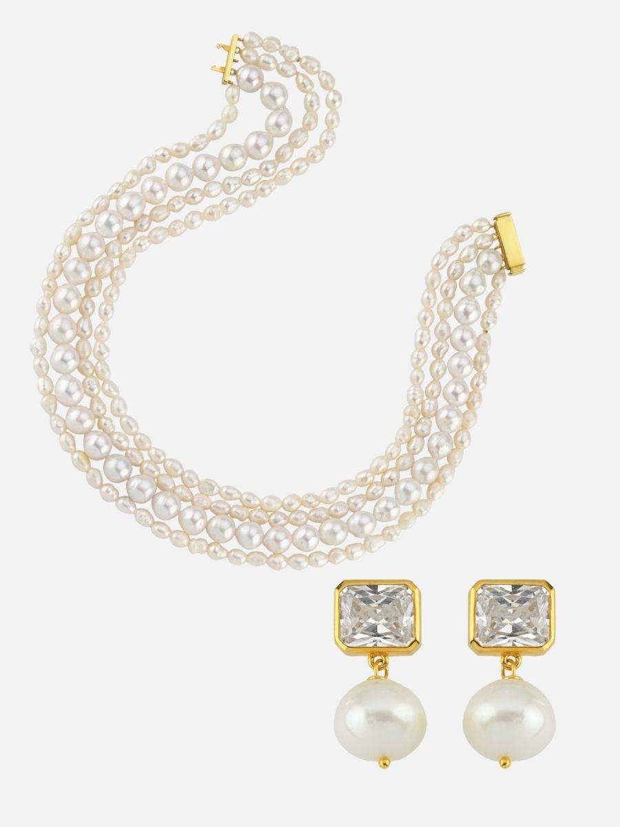 Amour Çoklu İnci Choker ve Küçük İncili Kristal Taşlı Küpe Set