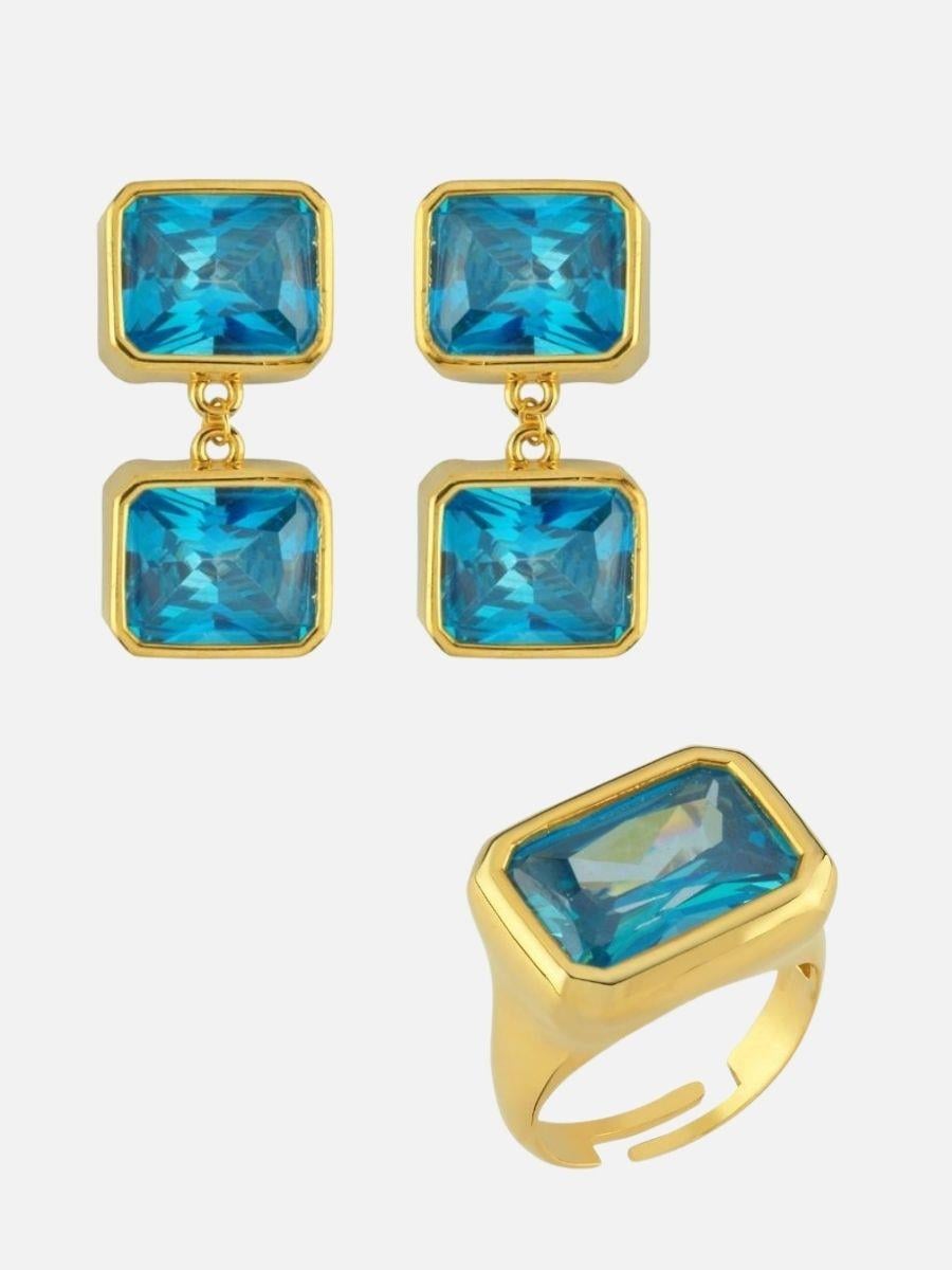 Nova Büyük Kristal Taşlı Yüzük ve İkili Kristal Taşlı Sallantılı Küpe Set 