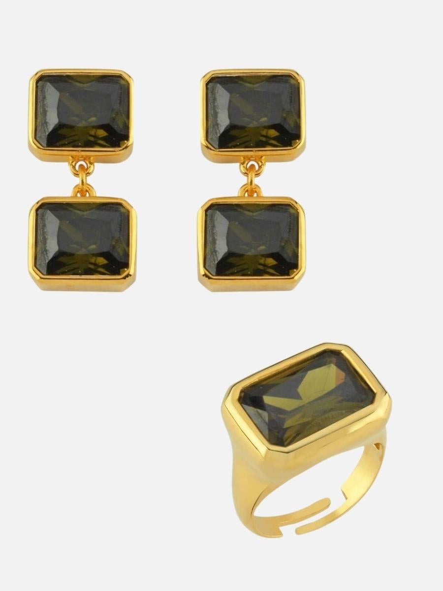 Nova Büyük Kristal Taşlı Yüzük ve İkili Kristal Taşlı Sallantılı Küpe Set 