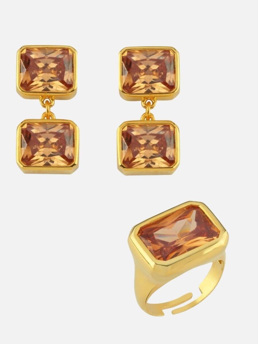 Nova Büyük Kristal Taşlı Yüzük ve İkili Kristal Taşlı Sallantılı Küpe Set 