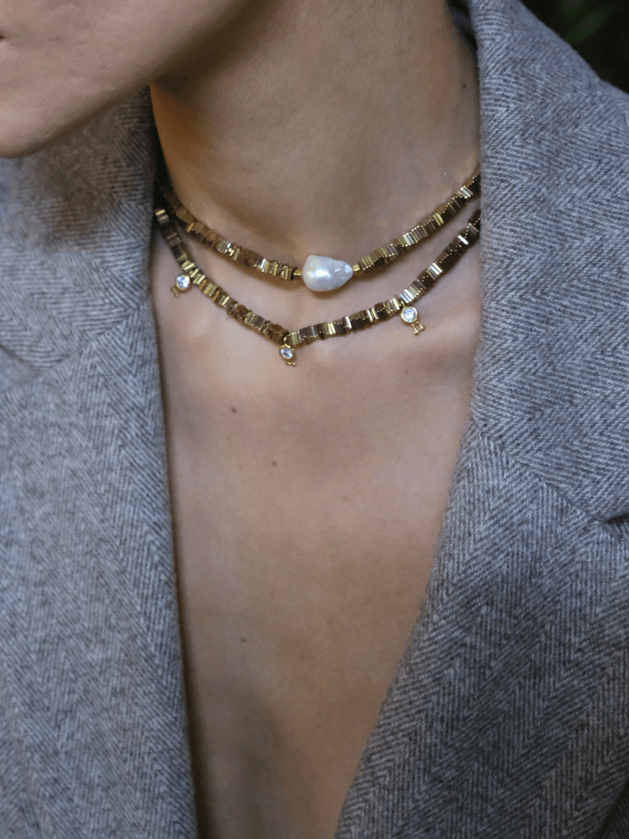 Yarn Barok İncili Hematit Taşlı Kolye