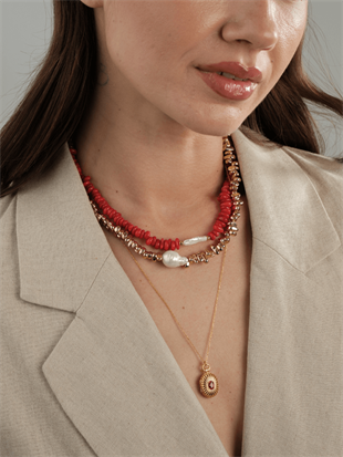 Amorphous Baroque Pearl and Red Coral Necklace