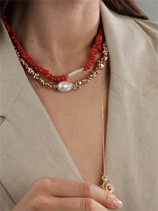 Amorphous Baroque Pearl and Red Coral Necklace