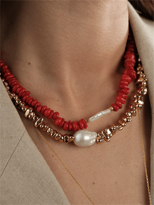 Amorphous Baroque Pearl and Red Coral Necklace