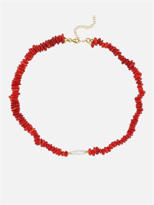 Amorphous Baroque Pearl and Red Coral Necklace