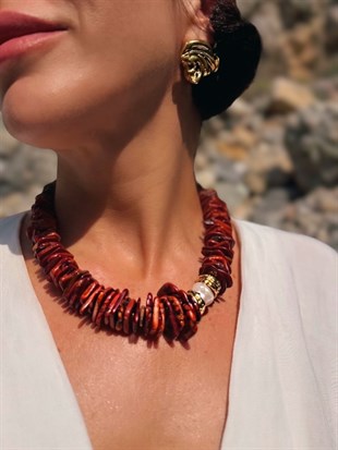 Barok İncili Kahverengi Mercan Doğal Taş Kolye