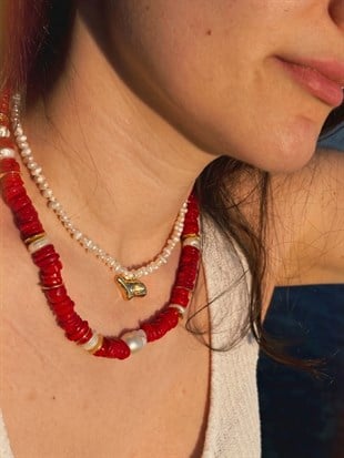 Barok İncili Silindir Kırmızı Mercan Doğal Taş Kolye