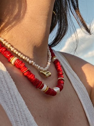 Barok İncili Silindir Kırmızı Mercan Doğal Taş Kolye