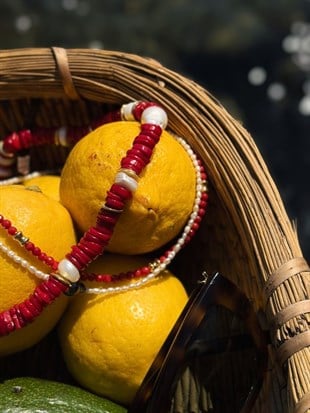 Barok İncili Silindir Kırmızı Mercan Doğal Taş Kolye