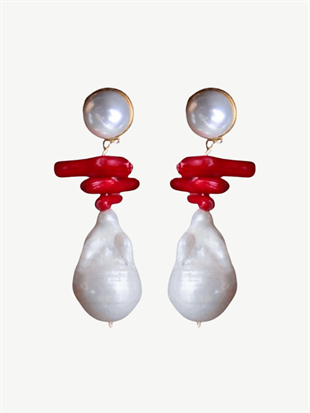 Kırmızı Mercan Barok İnci Küpe