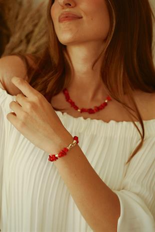 Kırmızı Mercan Kolye ve Bileklik Set