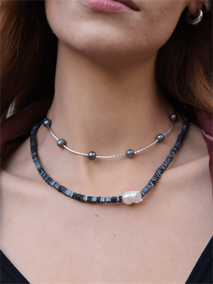 Silga Baroque Pearl Black Hematite Stone Necklace