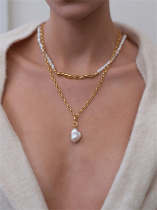 Tapy Kalın Zincirli Barok İnci Kolye