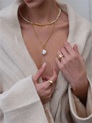 Tapy Kalın Zincirli Barok İnci Kolye