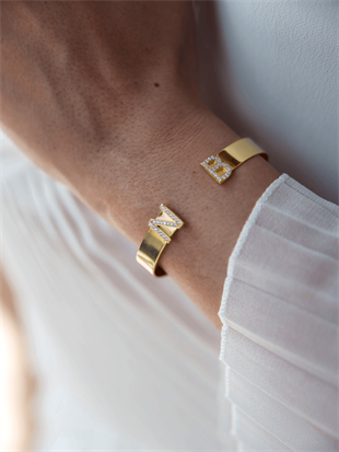 Stone Letter Handcuff Bracelet