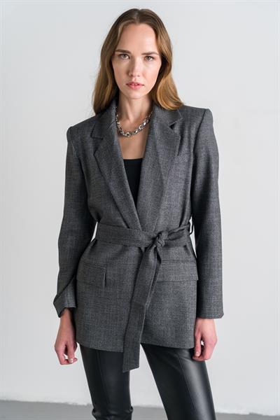 Gri Belden Bağlamalı Kruvaze Blazer Ceket