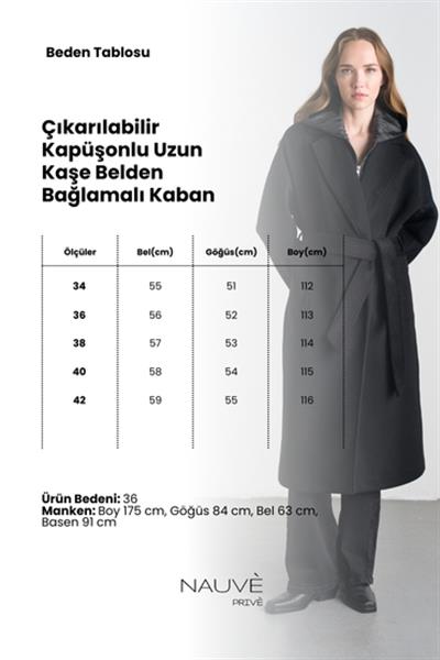 Siyah Çıkarılabilir Kapüşonlu Uzun Kaşe Belden Bağlamalı Kaban