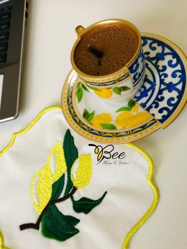 Bee Home & Dekor-Iki Desenli Çift Desen Limon Serisi 2li Kahve Fincanı