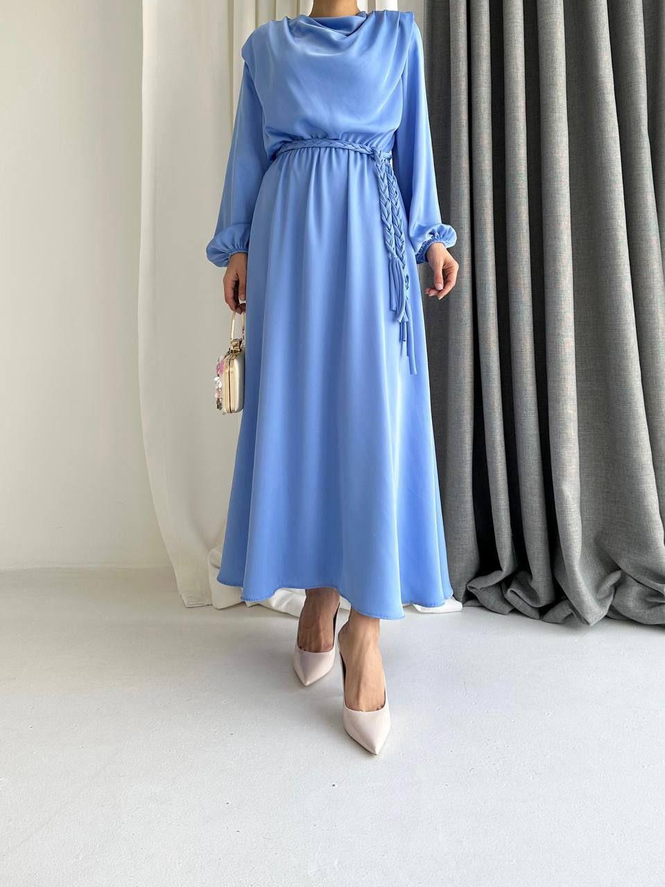 SATEN ELBİSE KAHVERENGİ MAVİ