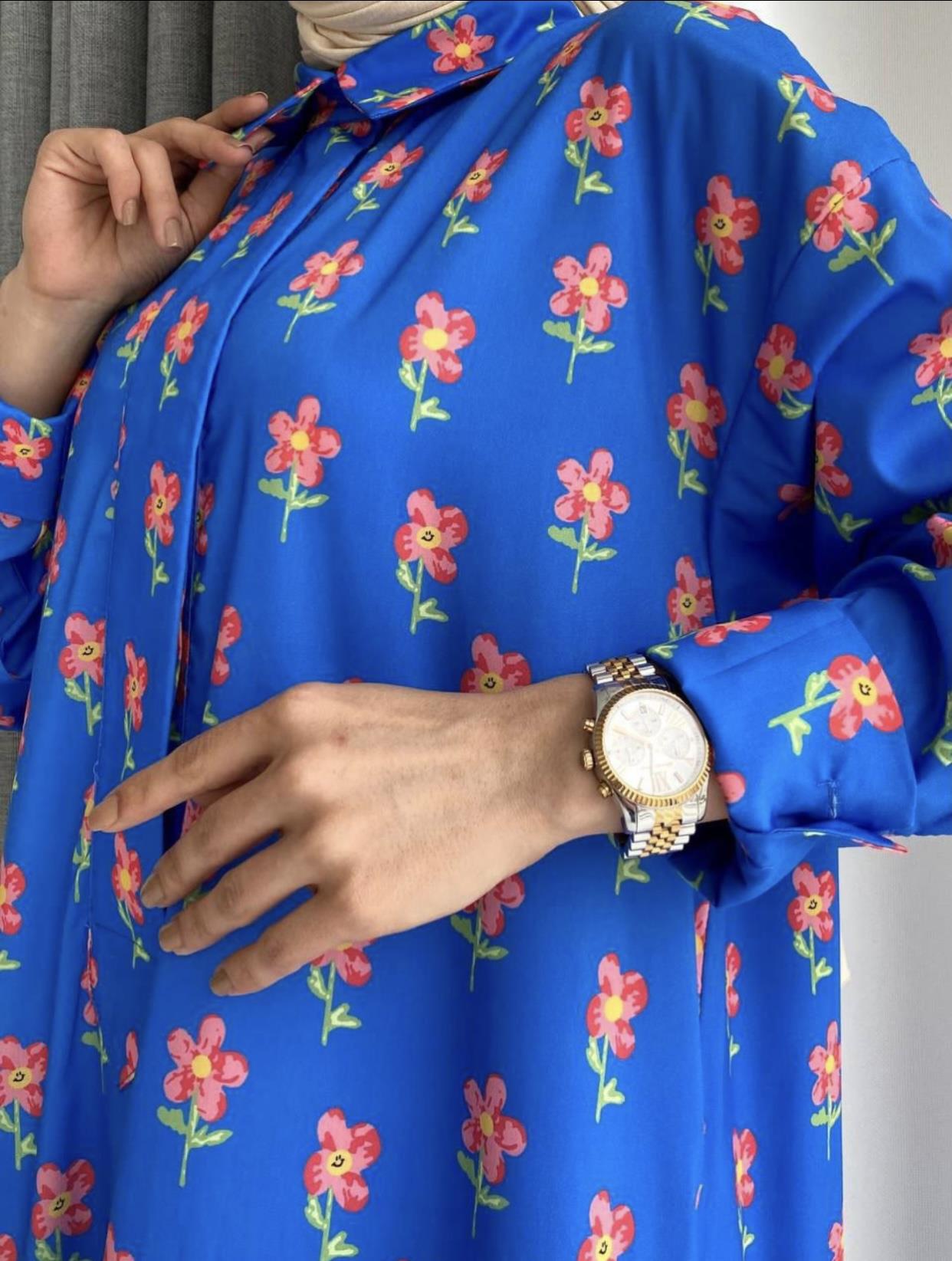 ÇİÇEKLİ GÖMLEK ELBİSE MAVİ