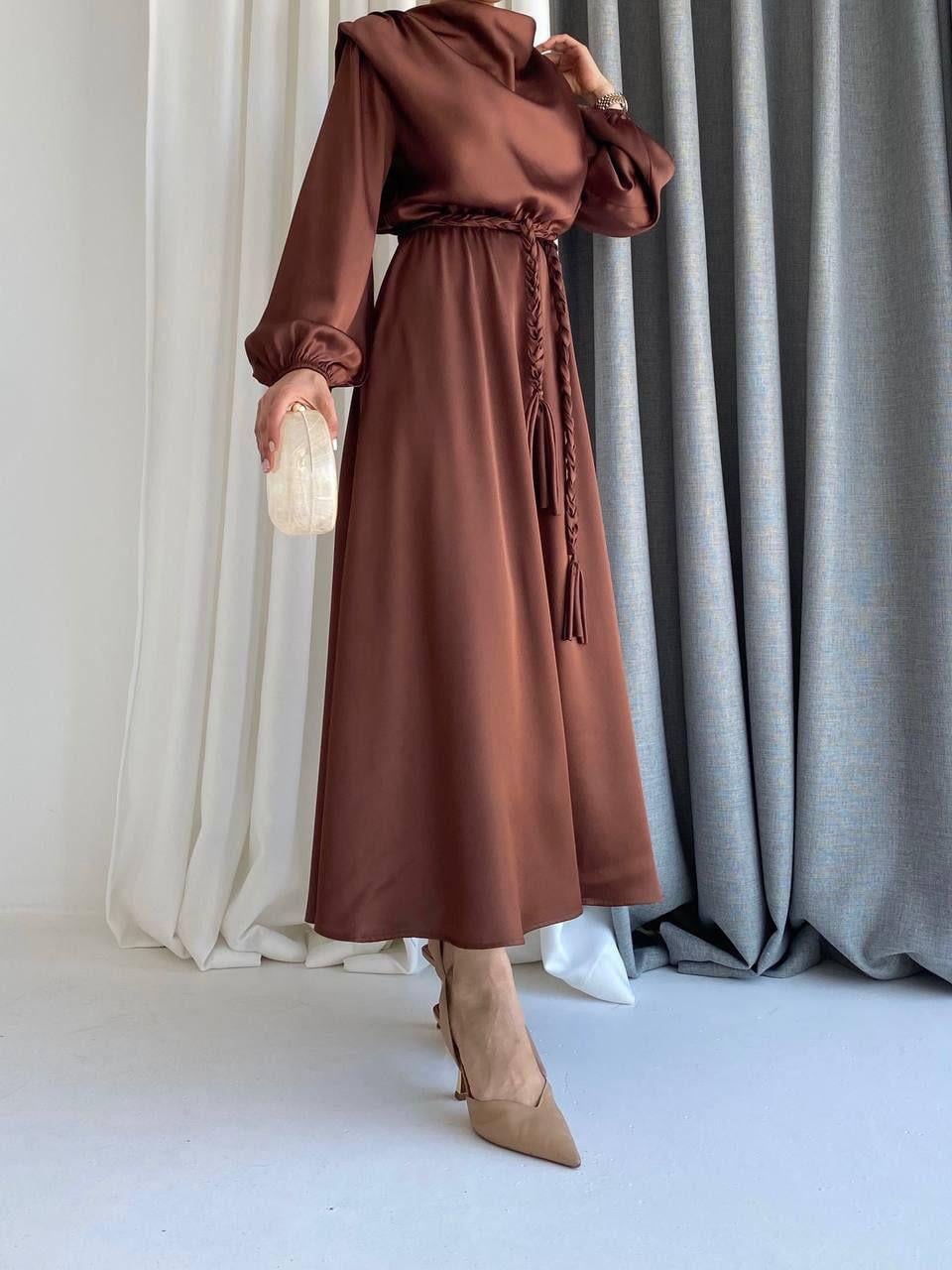 SATEN ELBİSE KAHVERENGİ KAHVERENGİ