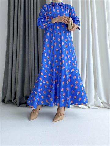ÇİÇEKLİ GÖMLEK ELBİSE MAVİ