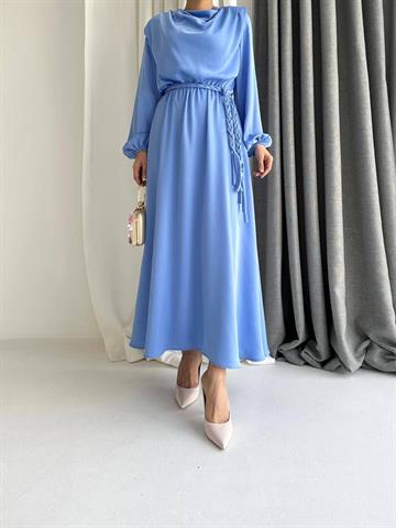 SATEN ELBİSE KAHVERENGİ MAVİ