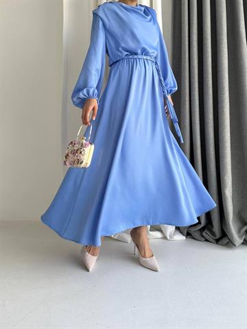 SATEN ELBİSE KAHVERENGİ MAVİ