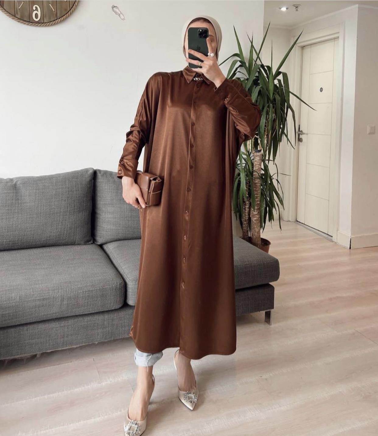 diğer LUXURY SATEN GÖMLEK ELBİSE TAŞ ÇİKOLATA