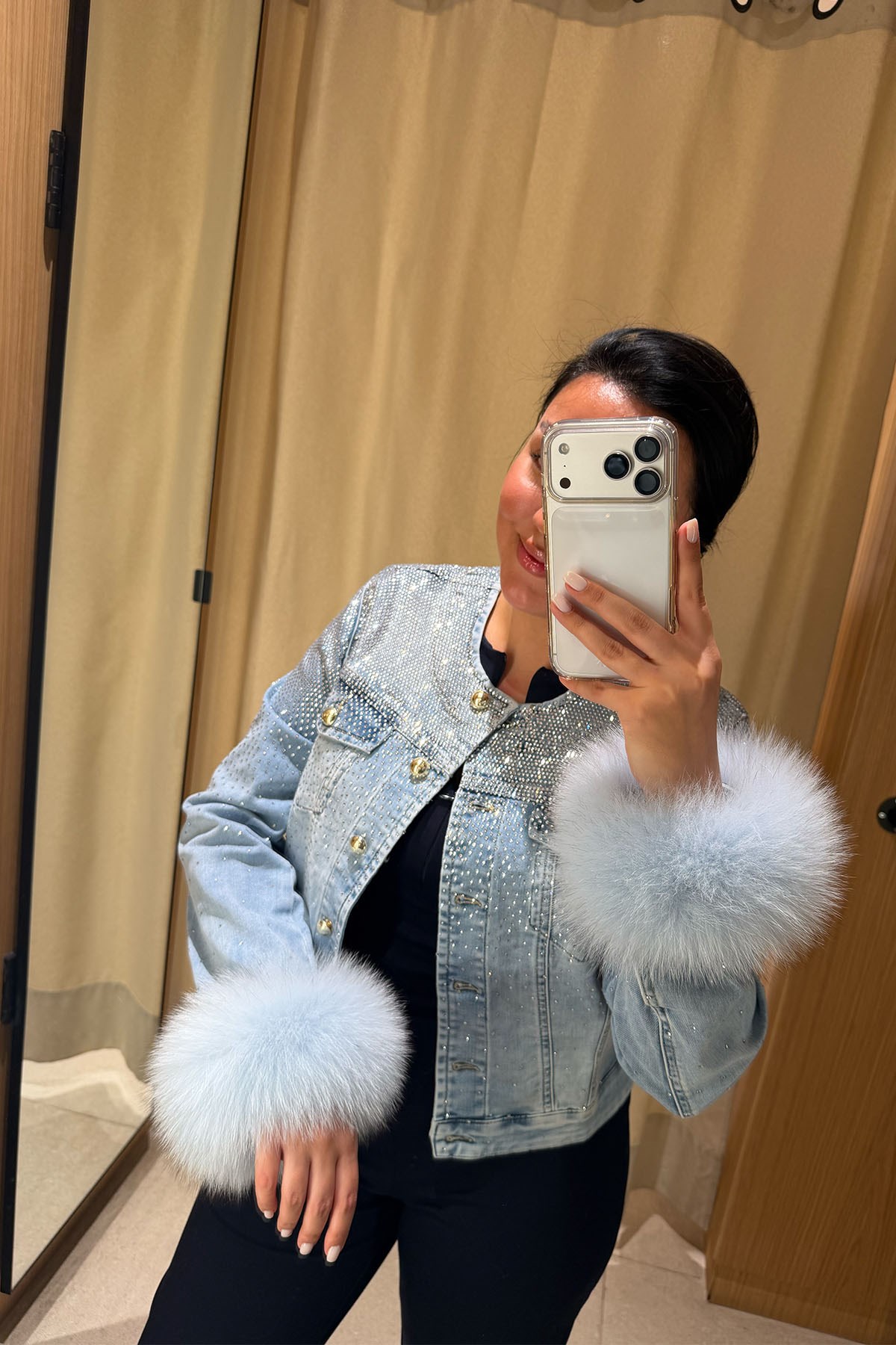 Bebe Mavi Kürklü ve Taşlı Denim Ceket