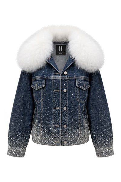 Beyaz Kürklü Komple Taşlı Denim