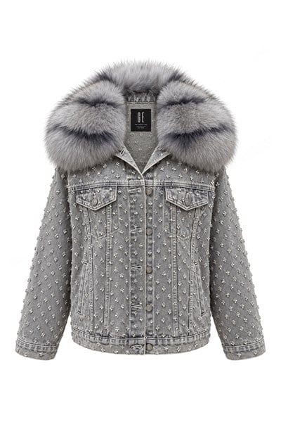 Gri Komple Taşlı ve Yakası Kürklü Denim