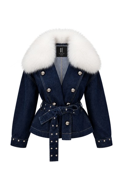 Gümüş Zımba Detaylı ve Beyaz Kürklü Denim