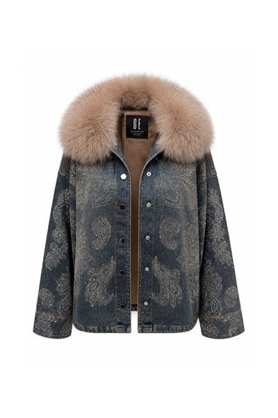 Vizon Kürklü Taş İşlemeli Oversize Denim Ceket