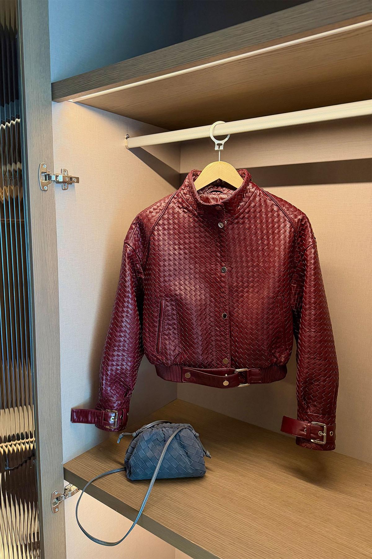 Bordo %100 Deri Bomber Ceket
