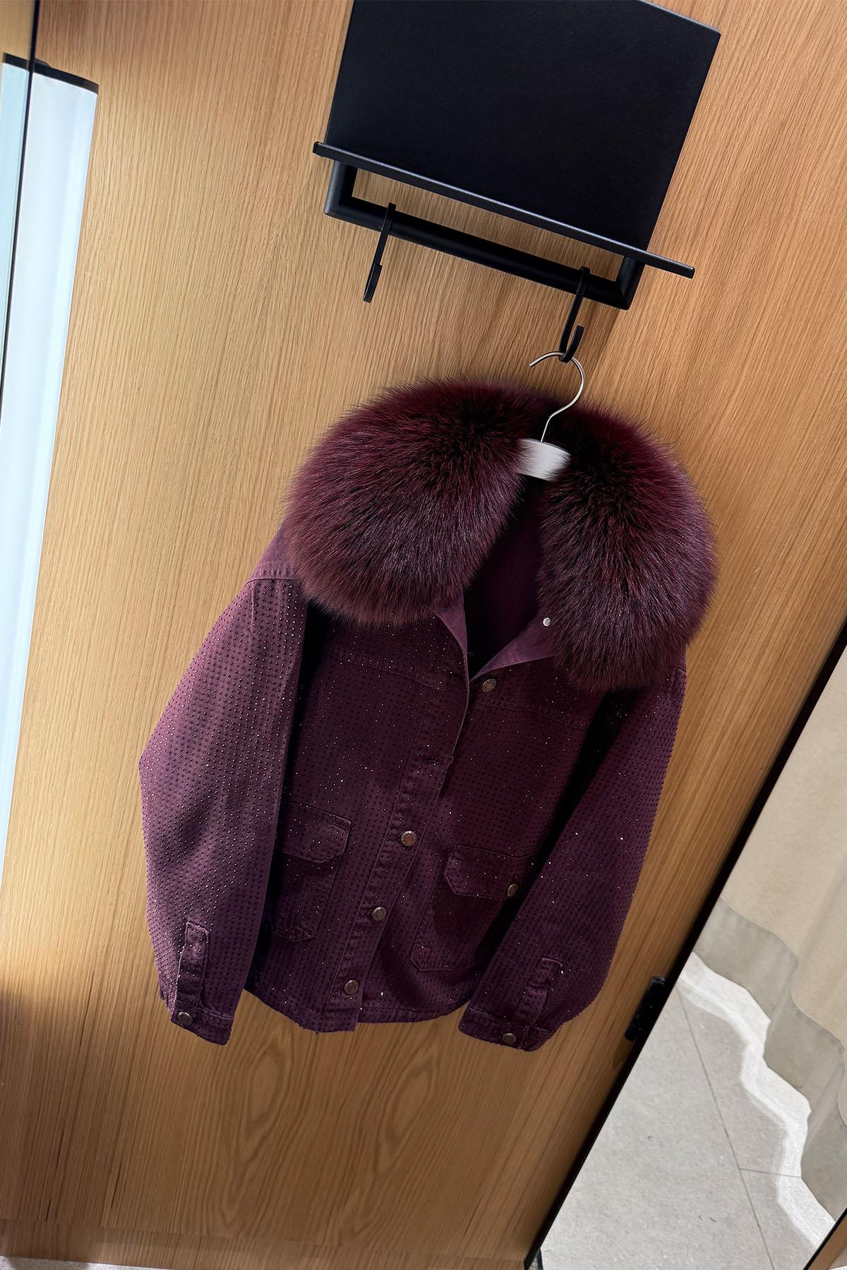Bordo Taşlı ve Kürklü Denim Ceket
