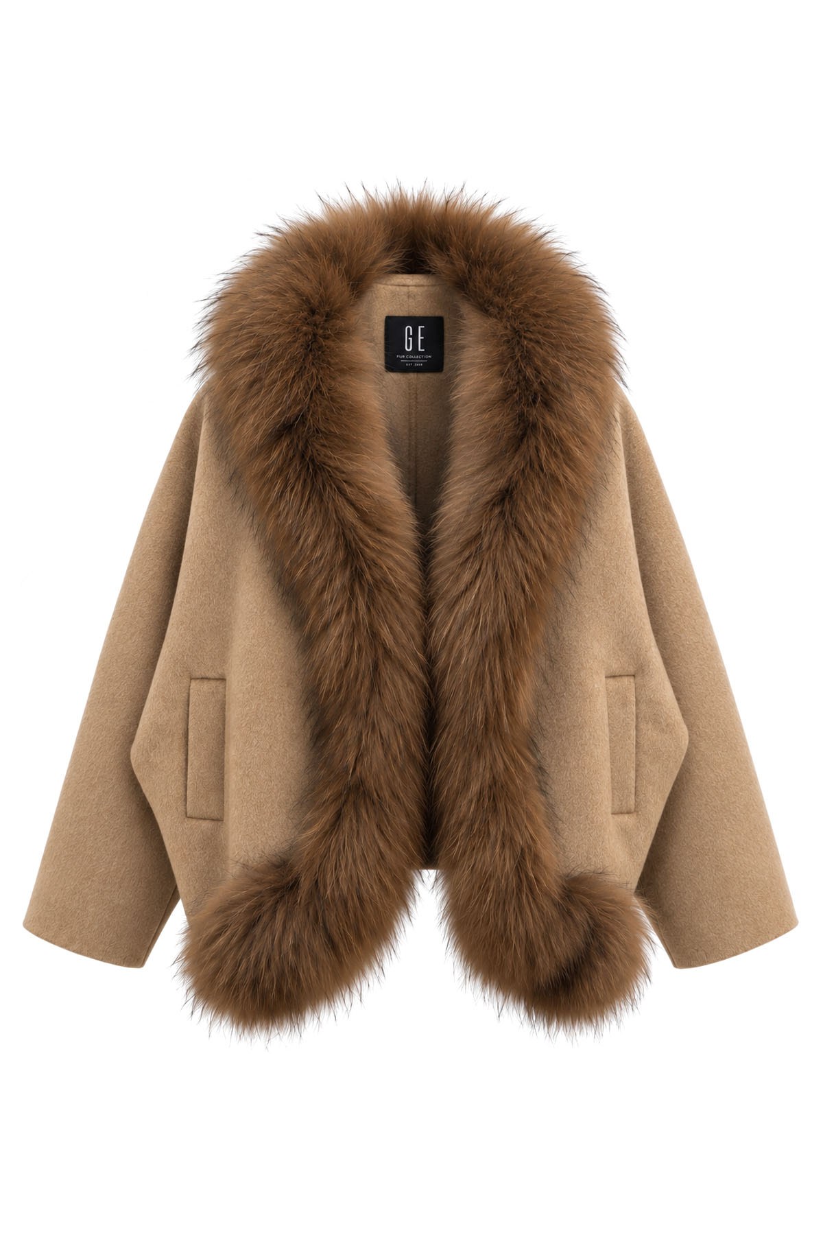 Camel Şal Yaka Kürk Detaylı Oversize Yün Ceket