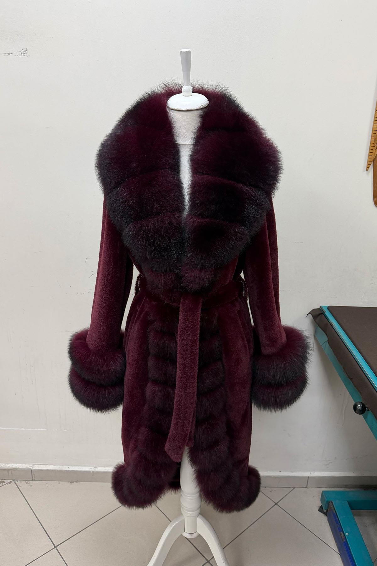 Dev Kürklü Maksi Boy Bordo Alcantara