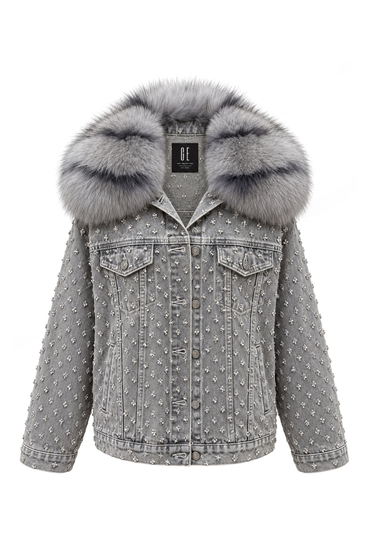 Gri Komple Taşlı ve Yakası Kürklü Denim
