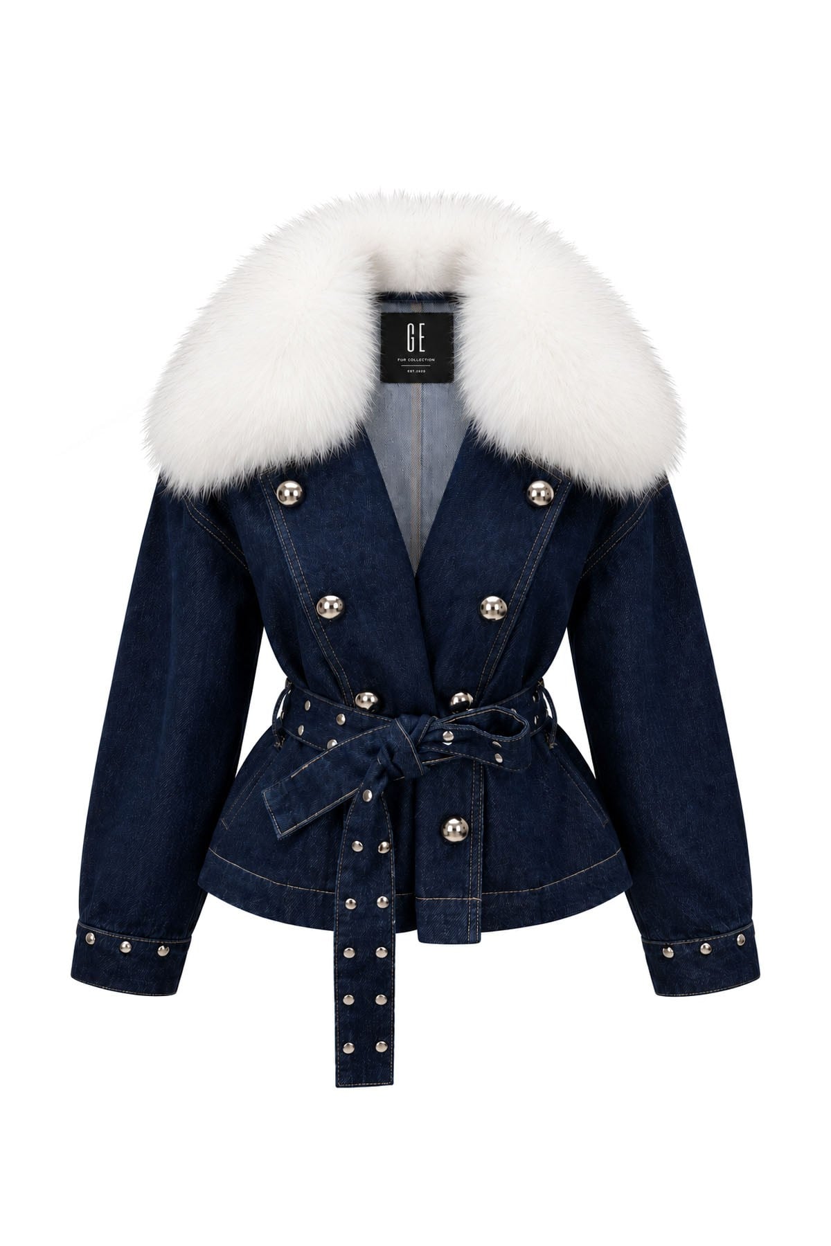 Gümüş Zımba Detaylı ve Beyaz Kürklü Denim