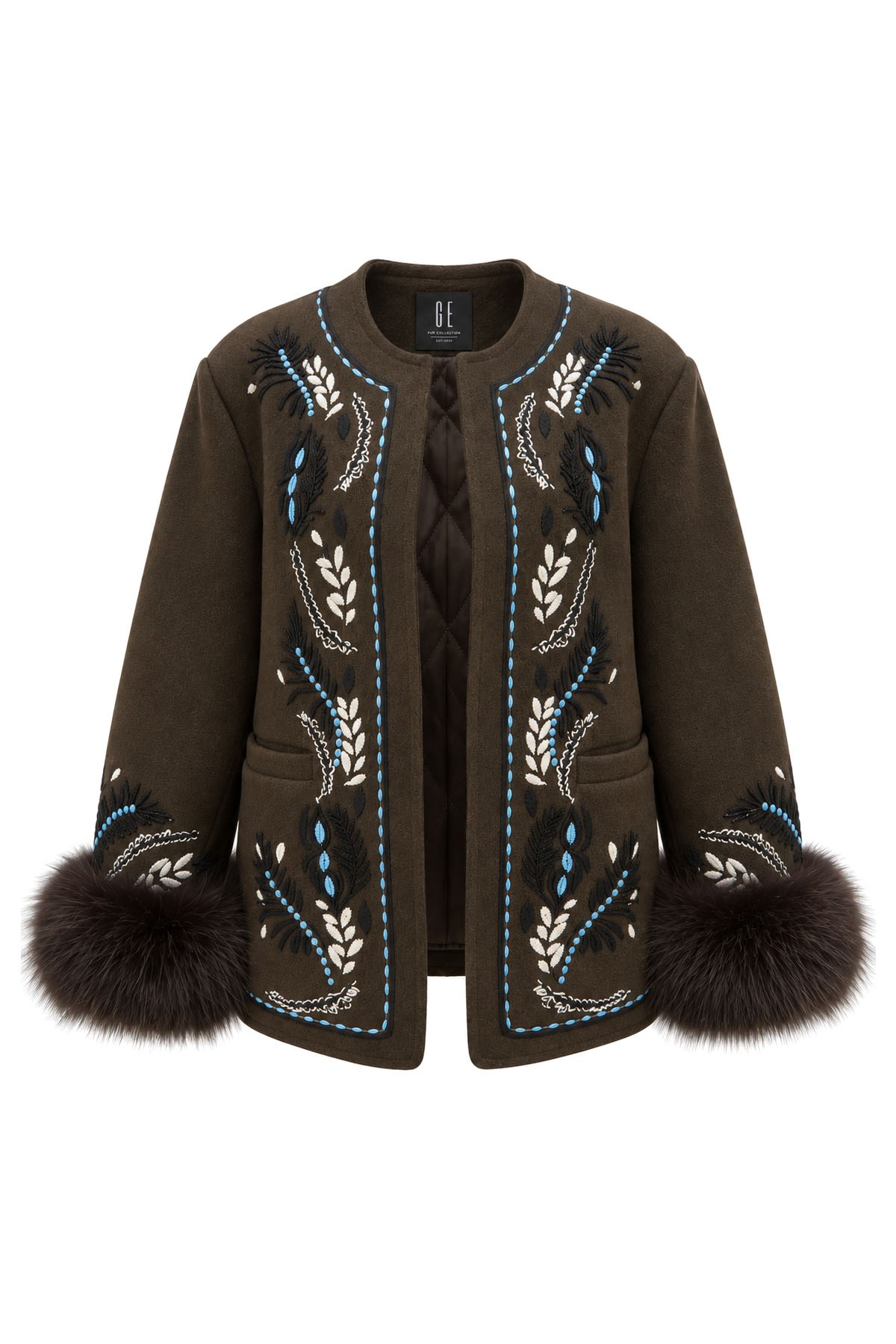 Kahverengi İşleme Detaylı ve Kürklü Yün Blazer