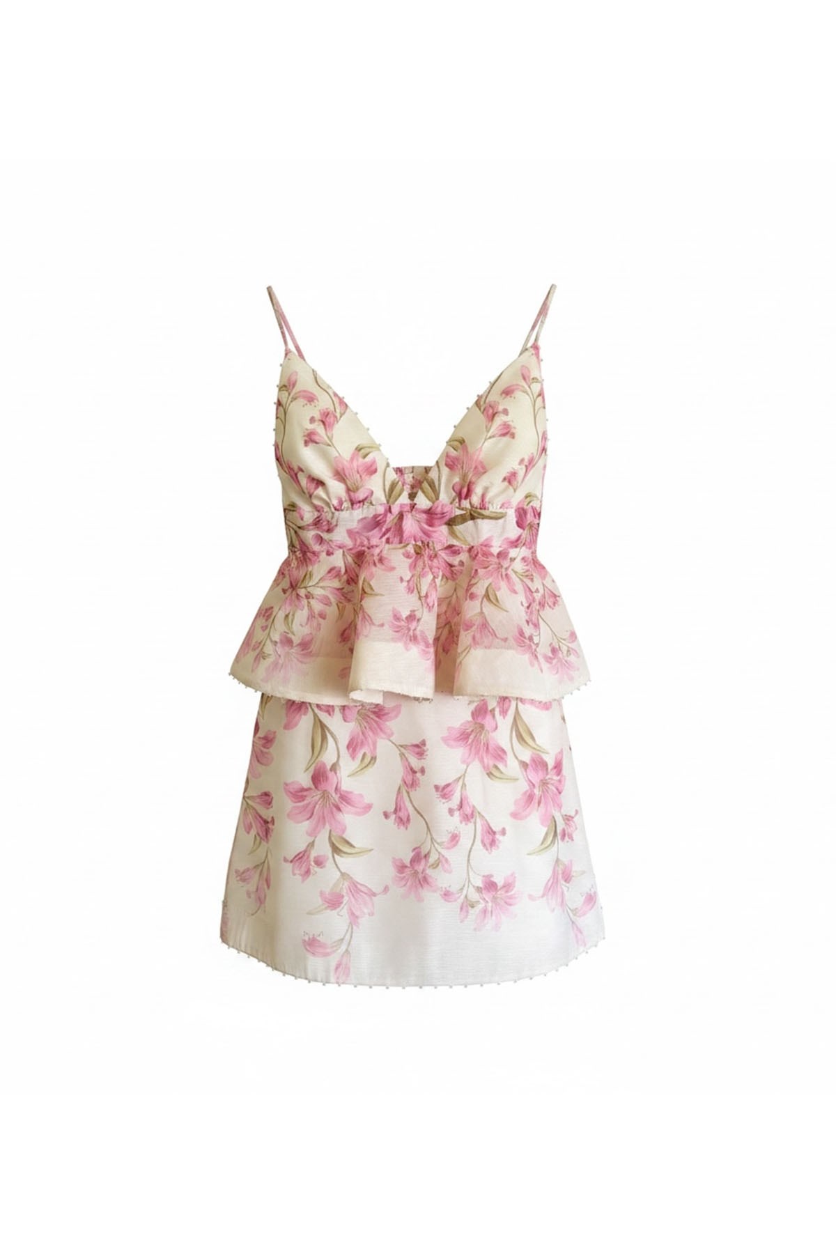Krem Pembe Çiçek Desenli Askılı Mini Elbise