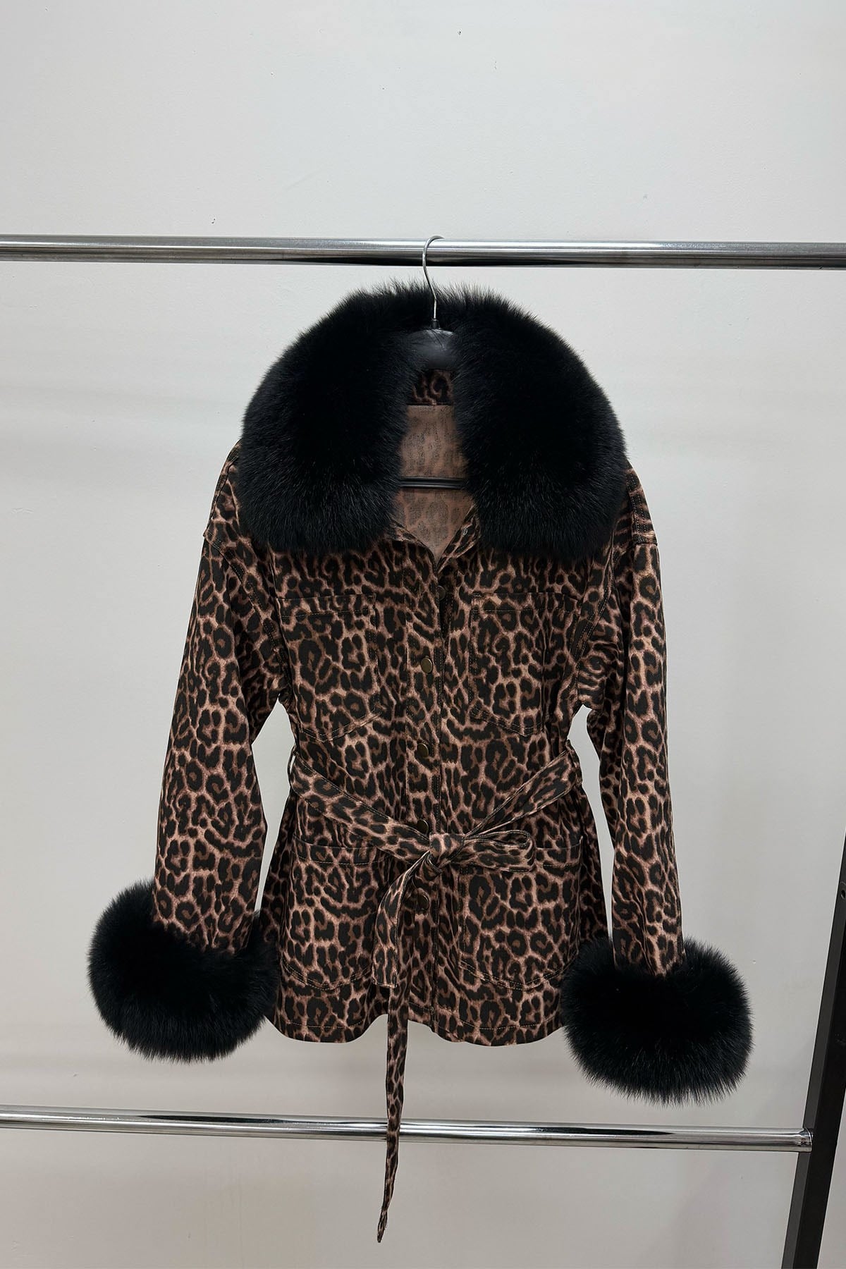 Leopar Kol/Yaka Kürk Detaylı Denim