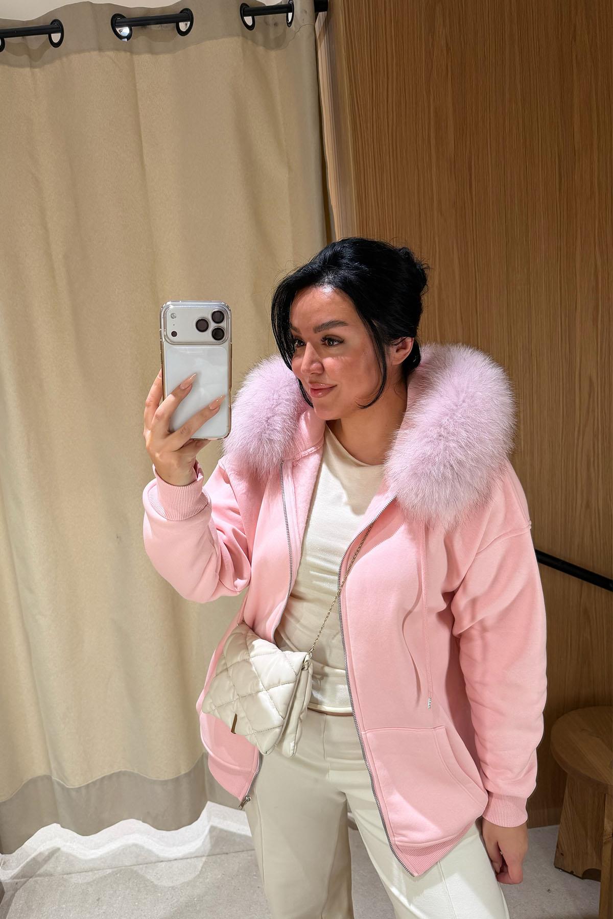 Pembe Uzun Ekstra Tilki Kürklü Hırka