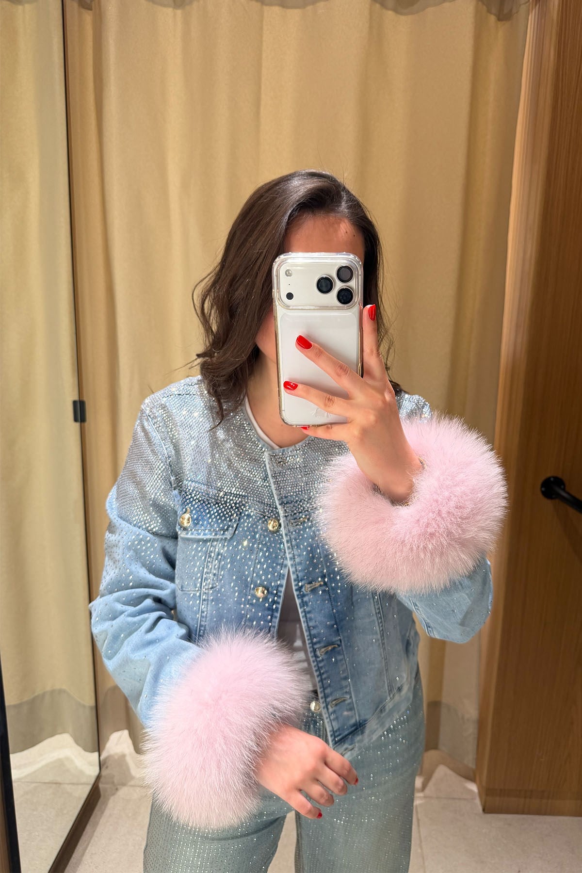 Pudra Kürklü ve Taşlı Denim Ceket