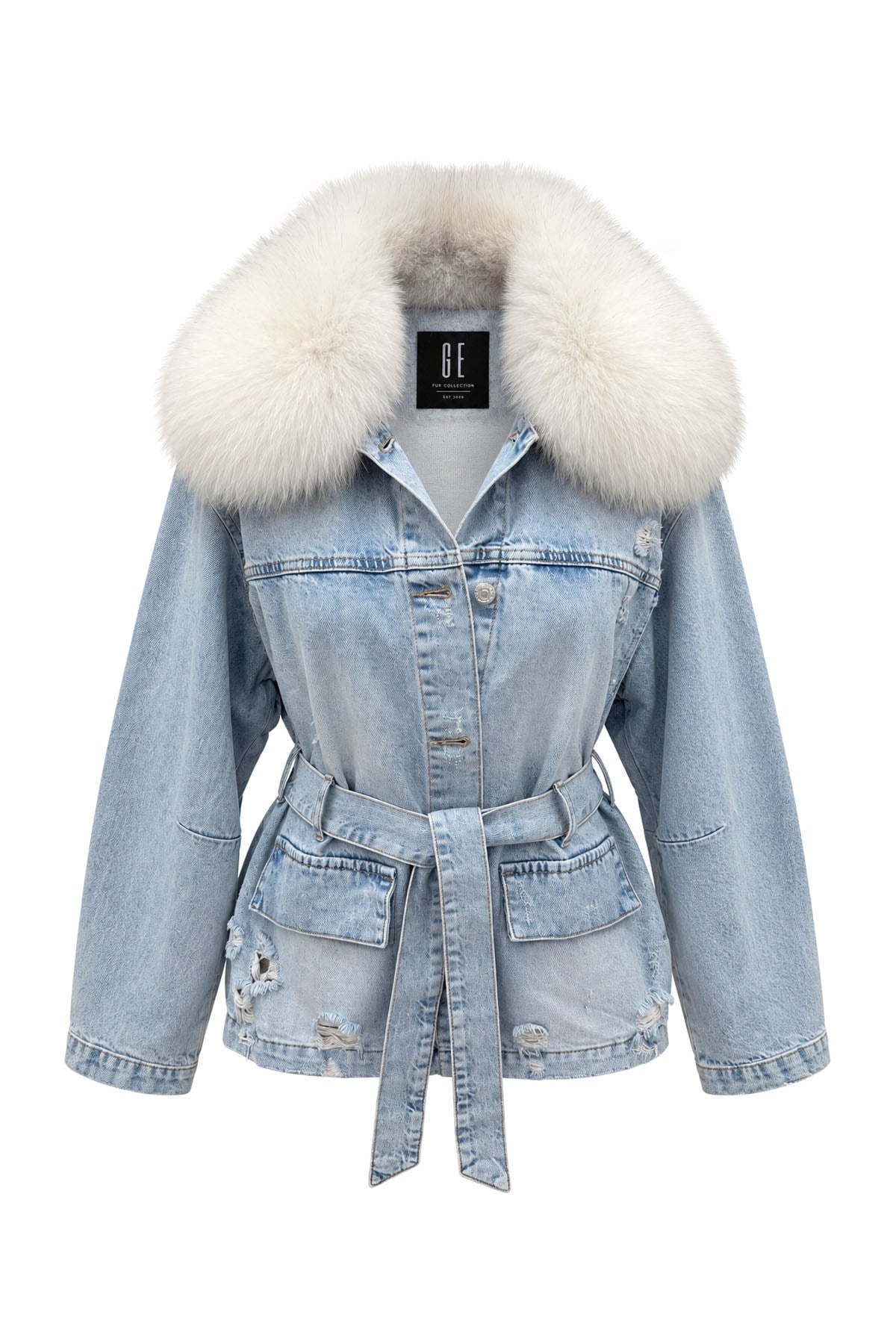 Yakası Kürklü ve Belden Kemerli Denim Ceket