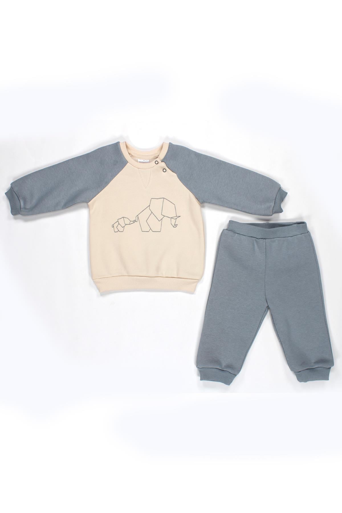 Nakış Fil Detaylı 3 İplik İkili Bebe Takımı