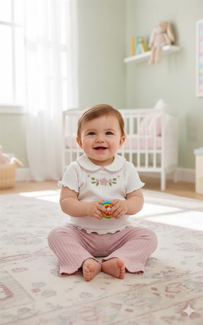 BEBE YAKA ÇİÇEK NAKIŞLI TİŞÖRT PANTOLON TAKIM 3-6/6-9/9-12/18-24AY
