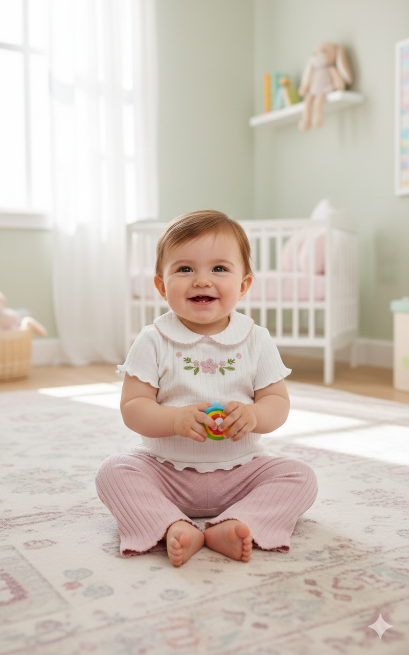 BEBE YAKA ÇİÇEK NAKIŞLI TİŞÖRT PANTOLON TAKIM 3-6/6-9/9-12/18-24AY
